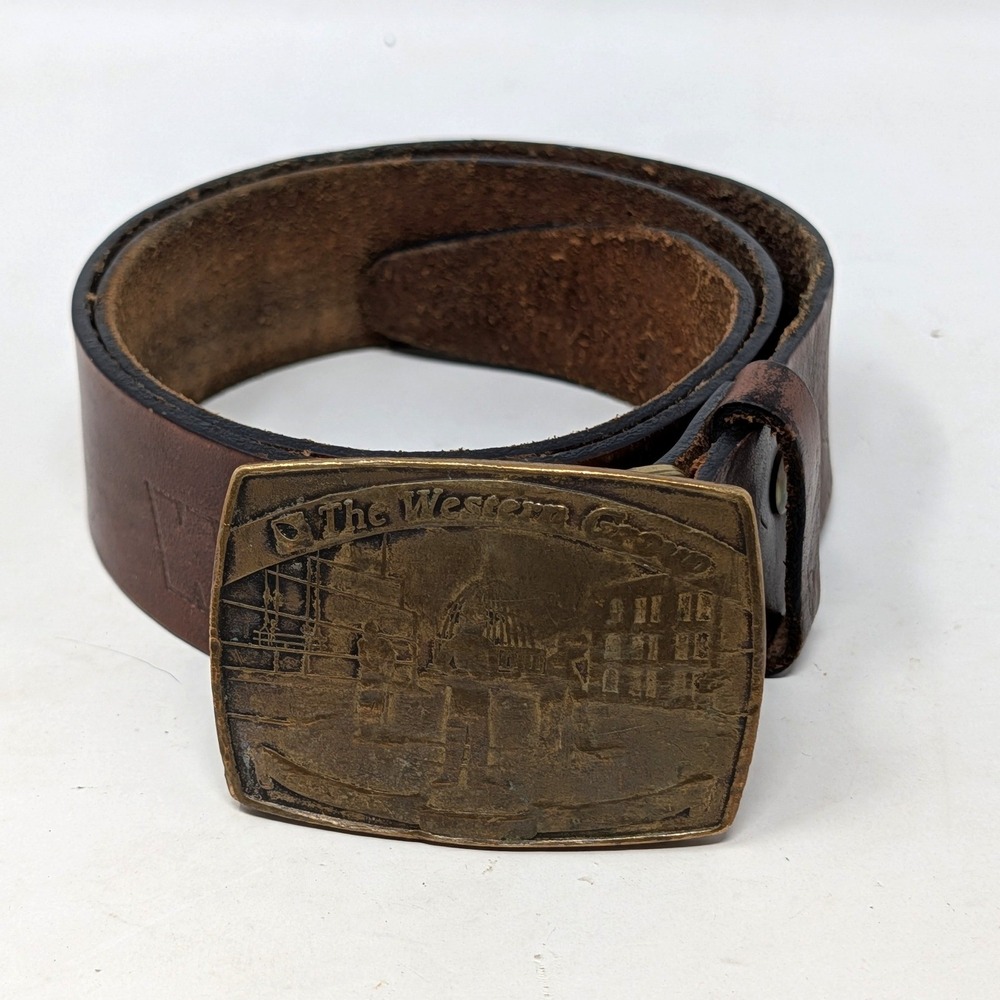 Vintage Bastian The Western Group Brass Buckle Brown Leather Belt 30 Distressed